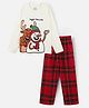 Nap Chief Cotton Knit Full Sleeves Reindeer Printed Checked Night Suit Set - Off White & Red