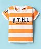 Ruff Sinker Knit Half Sleeves Striped T-Shirt with Text Print - Orange