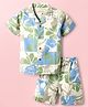 JASH KIDS Cotton Woven Half Sleeves Shirt & Shorts Co-Ord Set With Leaf Print - Blue & White