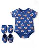 Doodle Poodle 100% Cotton Knit Half Sleeves Vehicle Printed Onesie With Mittens & Booties - Blue