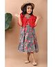 Kinder Kids Cotton Floral Printed Dress With Three Fourth Sleeves schiffli Embroidered Jacket - Blue & Red