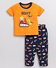Snuggly MONKEY Single Jersey Knit Half Sleeves Vehicles & Heavy Tool Text Printed Night Suit Set - Orange & Blue