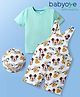 Babyoye Disney Single Jersey Knit Half Sleeves T-Shirt And Dungaree With Cap & Mickey Mouse Family Graphics - White & Light Blue