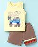 Child World Interlock Knit Sleeveless Tank T-Shirt & Shorts Set With Car Print & Text Embroidery - Golden