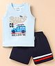 Child World Interlock Knit Sleeveless Tank T-Shirt & Shorts Set With Car Print & Text Embroidery - Light Blue