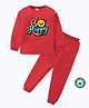 BLUSHES 100% Cotton Knit Full Sleeves Be Happy Text Printed Night Suit Set - Red
