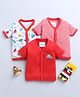 BUMZEE Cotton Woven Half Sleeves  Jhablas with Stripes & Car Print Pack of 3 - Red & White