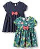Simply Sinker Knit Half Sleeves Polka Dot & Floral Printed Frocks With Bow Applique Pack of 2 - Navy Blue & Green