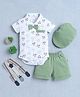 BUMZEE Cotton Knit Half Sleeves Palm Tree Printed Onesie & Short Set with Suspender Bow & Hat - White & Green