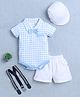 BUMZEE Cotton Kit Half Sleeves Checkered Onesie & Shorts Set with Bow Suspended & Hat - Light Blue & White