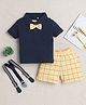 BUMZEE Cotton Knit Half Sleeves T-Shirt & Checkered Short Set with Suspender Bow - Navy Blue & Yellow