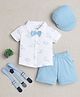 BUMZEE Cotton Knit Half Sleeves Dinosaur Print Shirt & Short Set With Suspender Bow & Cap - White & Sky Blue