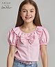 Arias Woven Half Sleeves Solid Top With Bow Applique & Ruffle Detailing - Pink