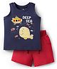 Doodle Poodle 100% Cotton Knit Sleeveless Tank T-Shirt & Shorts Set With Fish Print - Navy Blue & Red