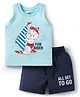 Doodle Poodle 100% Cotton Knit Sleeveless Tank T-Shirt & Shorts Set with Bear Print - Navy Blue