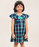 Campana 100% Cotton Cap Sleeves Bow Applique Detailed Checked Dress - Navy Blue & Turquoise