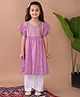Kinder Kids Cotton Flutter Sleeves Floral Foil Printed Kurta With Pant Set - Purple & White