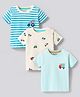 Bonfino 100% Cotton Knit Half Sleeves T-Shirts with Stripes & Vehicle Print Pack Of 3 - White & Light Blue