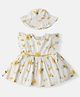 Nauti Nati Cotton Flutter Sleeves Floral Printed Coordinating Dress & Bucket Hat Set - White & Yellow