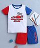 BUMZEE Cotton Knit Half Sleeves Racing Car Printed T-Shirt & Shorts Set - White Red & Royal Blue
