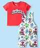 Babyhug Marvel Single Jersey Knit Dungaree & Half Sleeves T-Shirt With Spider-Man Graphics - White & Red