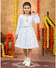 Aarika Woollen Woven Three Fourth Sleeves Bow Applique & Fur Detailed Geometric Glitter Printed Dress - White