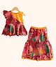 Peekaaboo Kids Cambric One Shoulder Cap Sleeves Floral Printed Coordinating Peplum Top & Sharara Set - Red