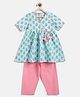 Campana 100% Cotton Half Sleeves Floral Printed Flared Kurta With Pants Set - Light Blue & Light Pink