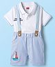Babyhug Single Jersey Knit Half Sleeves Polo T-Shirt & Short with Suspender & Nautical Theme  Print - White & Light Blue