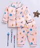 Clt.s Satin Woven Full Sleeves Space Theme Printed Coordinating Night Suit Set - Beige