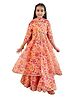 Cutiediva Organza Three Fourth Sleeves Floral Printed & Lace Embellished Kurta & Skirt With Dupatta Set - Peach