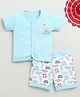 BUMZEE Cotton Half Sleeves Nautical Theme Printed Jhabla & Shorts Set - Sky Blue & White