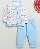 BUMZEE Cotton Knit Full Sleeves Sea Life Printed Coordinating Jhabla & Pajama Set - White & Blue