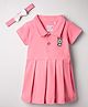 BUMZEE Cotton Knit Half Sleeves Bunny Embroidered Frock With Headband - Coral