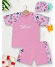 PASSION PETALS Lycra Half Sleeves Floral & Surf Text Printed Coordinating Swimsuit Set - Pink