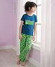Pine Kids Cotton Knit Half Sleeves Capri Night Suit With Text & Floral Print - Navy Blue & Green