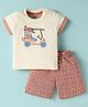Mini Taurus Sinker Knit Half Sleeves T-Shirt & Checks Shorts Set With Animal Print - Red