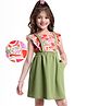 Hola Bonita Knit Frill Sleeves Tropical Theme Printed Top & Skirt Set with Attached Suspender - Olive Green & White