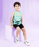 Kiddopanti Cotton Sleeveless Tropical Vibes Text Printed Tee & Cargo Shorts Set - Green & Black
