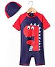 KIDLINGSS Half Raglan Sleeves Dinosaur Printed Legged Swimsuit - Navy Blue