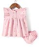 Zero Sinker Knit Frill Sleeves Frock With Floral Print & Bloomer - Light Pink