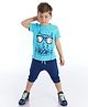 J&JP Cotton Half Sleeves Cat Printed Tee & Capris Set - Light & Navy Blue