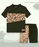 J&JP Cotton Half Sleeves Camouflage Printed Coordinating Tee & Shorts Set - Dark Green & Brown