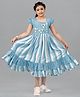 Fashion Dream Cotton Blend Half Puffed Sleeves Floral Applique Detailed Striped Dress - Blue