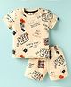Mini Donuts Cotton Knit Half Sleeves Co-Ord Short Night Suit with Super Cool Text Print - Cream