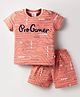 Mini Donuts Cotton Knit Half Sleeves Shorts Nigth Suit with Pro Gamer Text Print - Coral