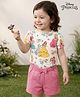 Babyoye Disney Single Jersey Knit Half Sleeves T-Shirt & Shorts Set With Princess Print & Bow Applique - White & Pink