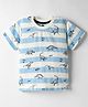 Teddy Sinker Knit Half Sleeves Striped T-Shirt with Dino Print - Light Blue & Off White