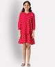 Uptownie Three Fourth Peasant Sleeves Polka Dots Printed Tiered Dress - Red