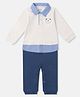 Nauti Nati Premium Cotton Knit Full Sleeves Teddy Bear Printed Mock Shirt Style Sleepsuit - White & Blue